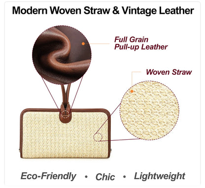 Handytasche mit geflochtenem Stroh und brauner Lederkantenverarbeitung, beige