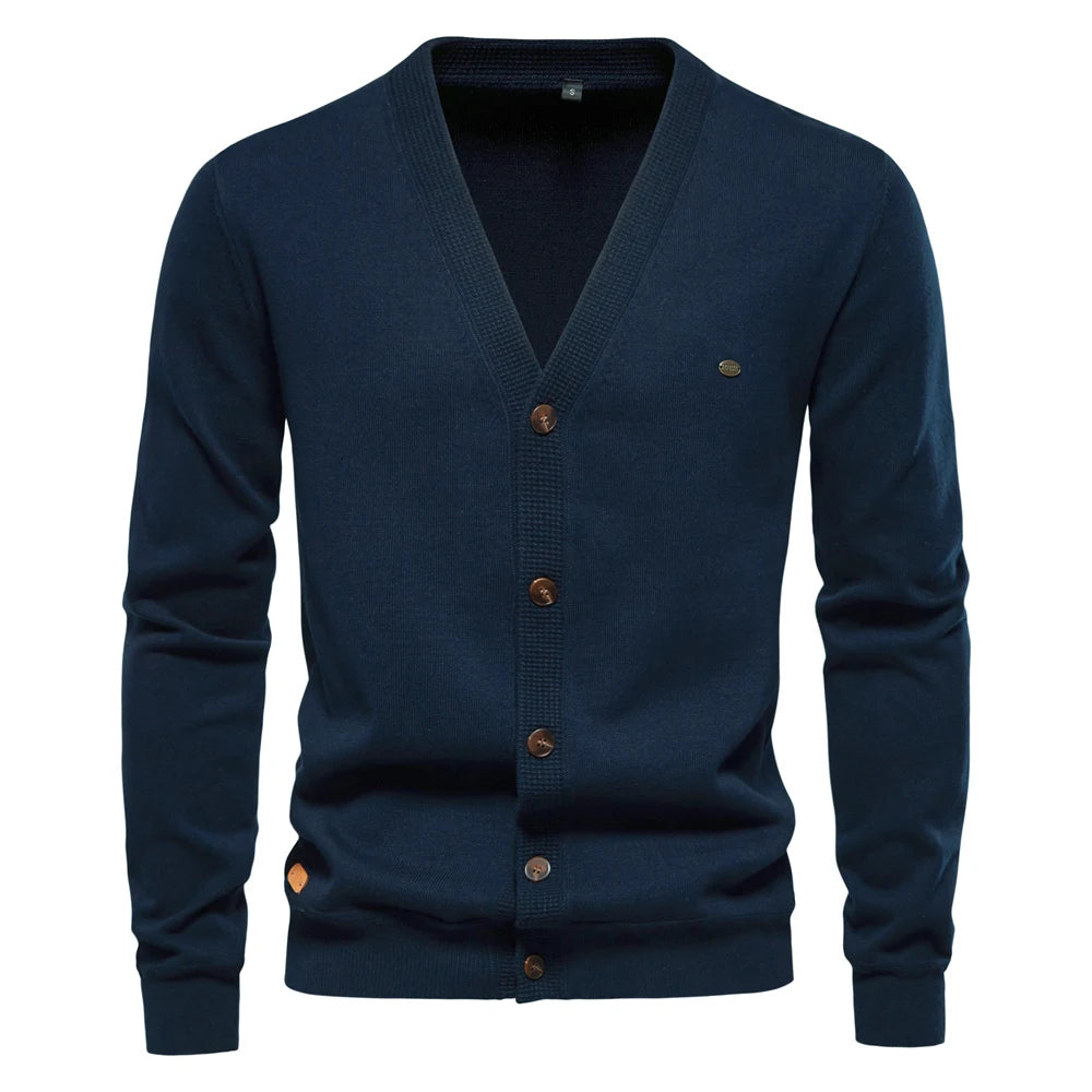 Herren-Cardigan mit Knopfleiste, V-Ausschnitt und geripptem Saum, dunkelblau