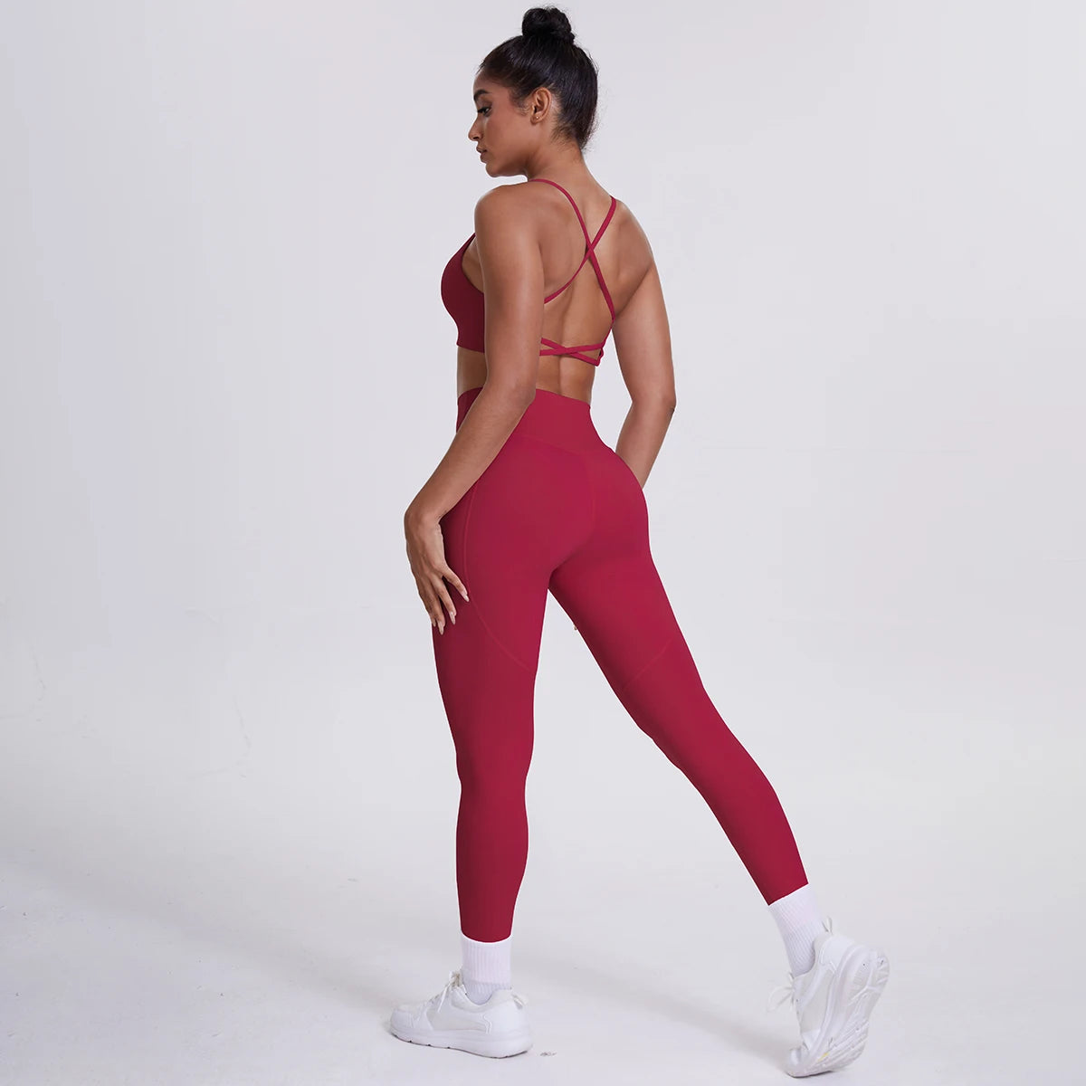 Damen Yoga-Set mit Sport-BH und Leggings, rot, Rücken mit gekreuzten Trägern