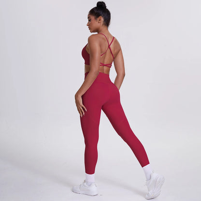 Damen Yoga-Set mit Sport-BH und Leggings, rot, Rücken mit gekreuzten Trägern