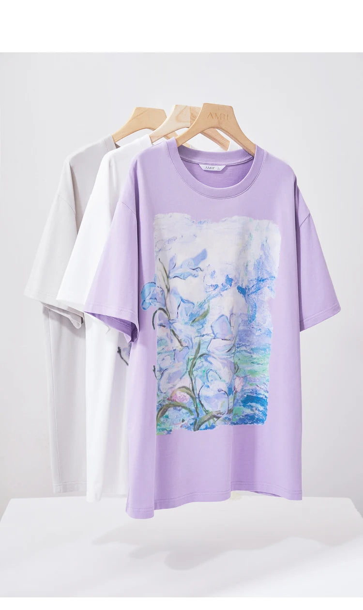 Damen T-Shirt im Minimalismus-Stil mit Kunstöl-Farbdruck für den Sommer