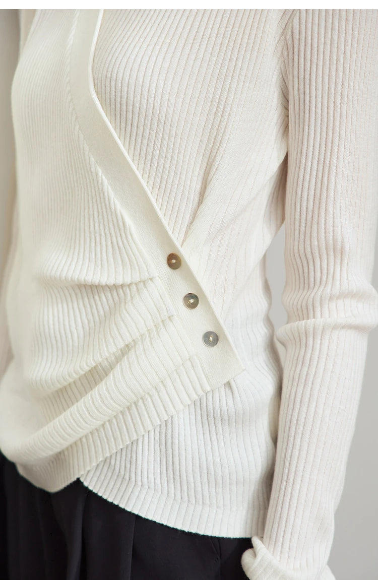 Damen V-Ausschnitt Pullover plissiert Muschelschnalle Wolle Herbst