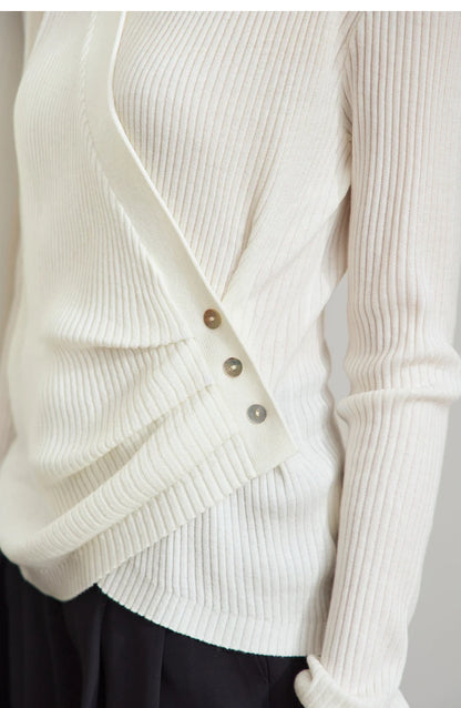 Damen V-Ausschnitt Pullover plissiert Muschelschnalle Wolle Herbst