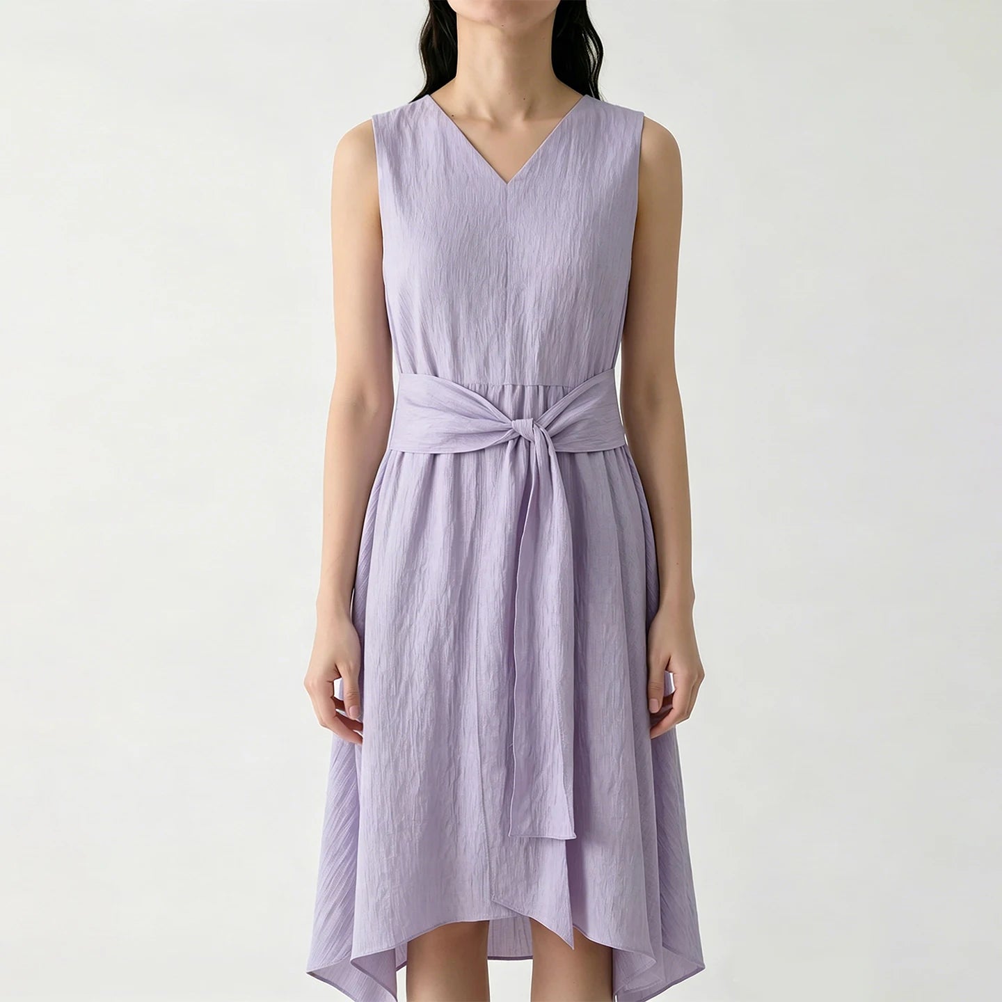 Stylisches Ärmelloses Damen Midikleid Knitterarm Mit Gürtel