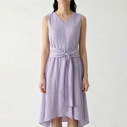 Stylisches Ärmelloses Damen Midikleid Knitterarm Mit Gürtel