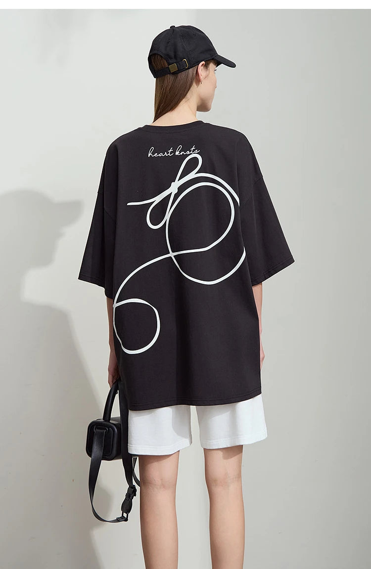 Damen T-Shirt aus ultraloch Stretch-Baumwolle mit Buchstaben-Bowknot-Aufdruck