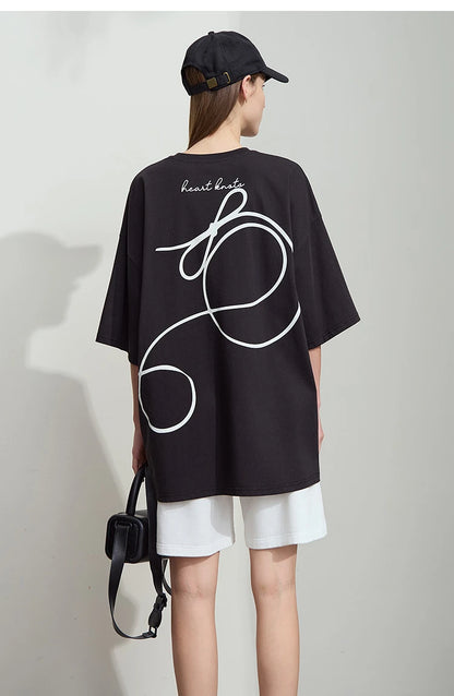 Damen T-Shirt aus ultraloch Stretch-Baumwolle mit Buchstaben-Bowknot-Aufdruck