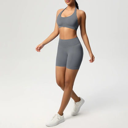 Nahtloses Fitnessset für Damen: Sport-BH und Laufshorts in Dunkelgrau, Set