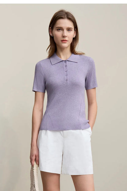 Damen-Strickpullover mit Polokragen und Knopfleiste, fliederfarben, Kurzarm
