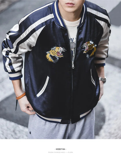 Herren Yokosuka Jacke Retro Reversible Tiger bestickte Patchwork-Outwear