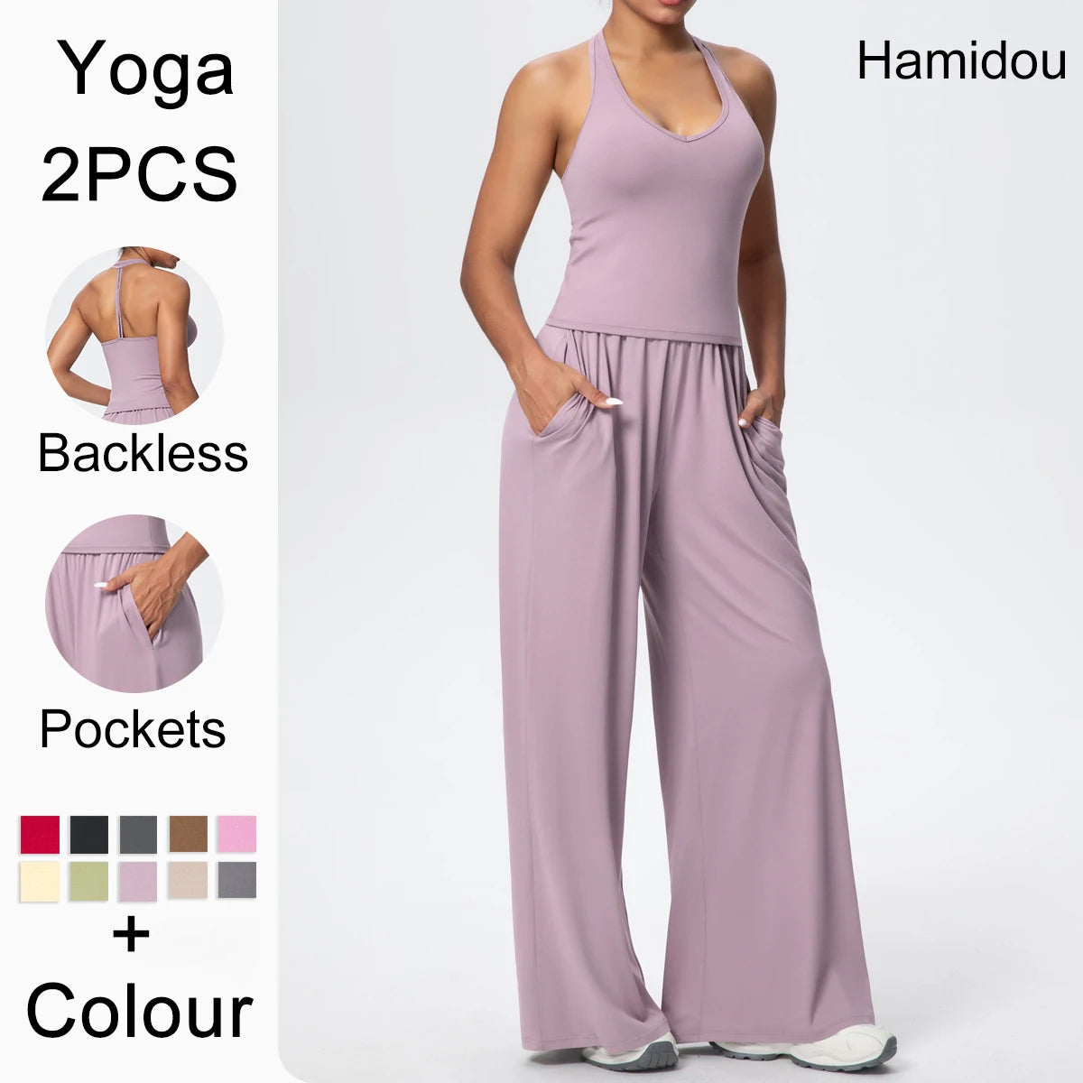 Lila Yoga-Set für Damen: ärmelloses Top und weite Hose mit Raffung am Bund