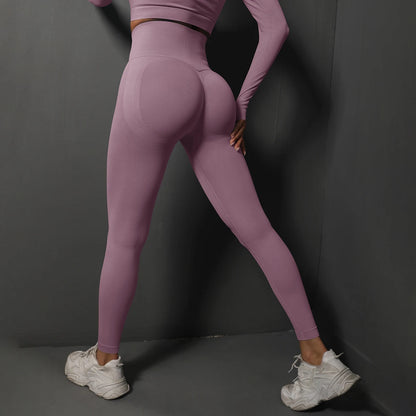 Nahtlose Hochbund-Leggings, mauve/purpurfarbene Rückansicht, enganliegend, langes Bein