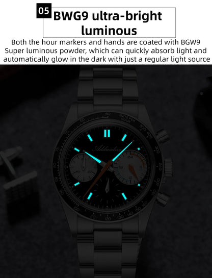 ADDIESDIVE 37mm Men Watch AD2539 BGW9 Super Luminous Chronograph Watch Bubble Mirror Glass 10Bar Waterproof VK63 Quartz Watches
