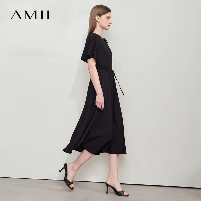 Elegantes Damen Chiffon Midi Kleid Mit Gürtel Business Look