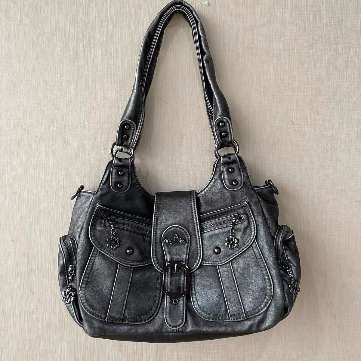 Damen-Schultertasche aus PU, schwarz, mit Top-Griff und Reißverschlussfächern vorn