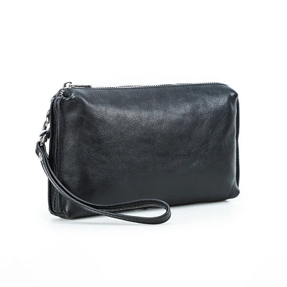 Schwarze Herren-Ledertasche mit Reißverschluss und seitlicher Trageschlaufe, kompakt