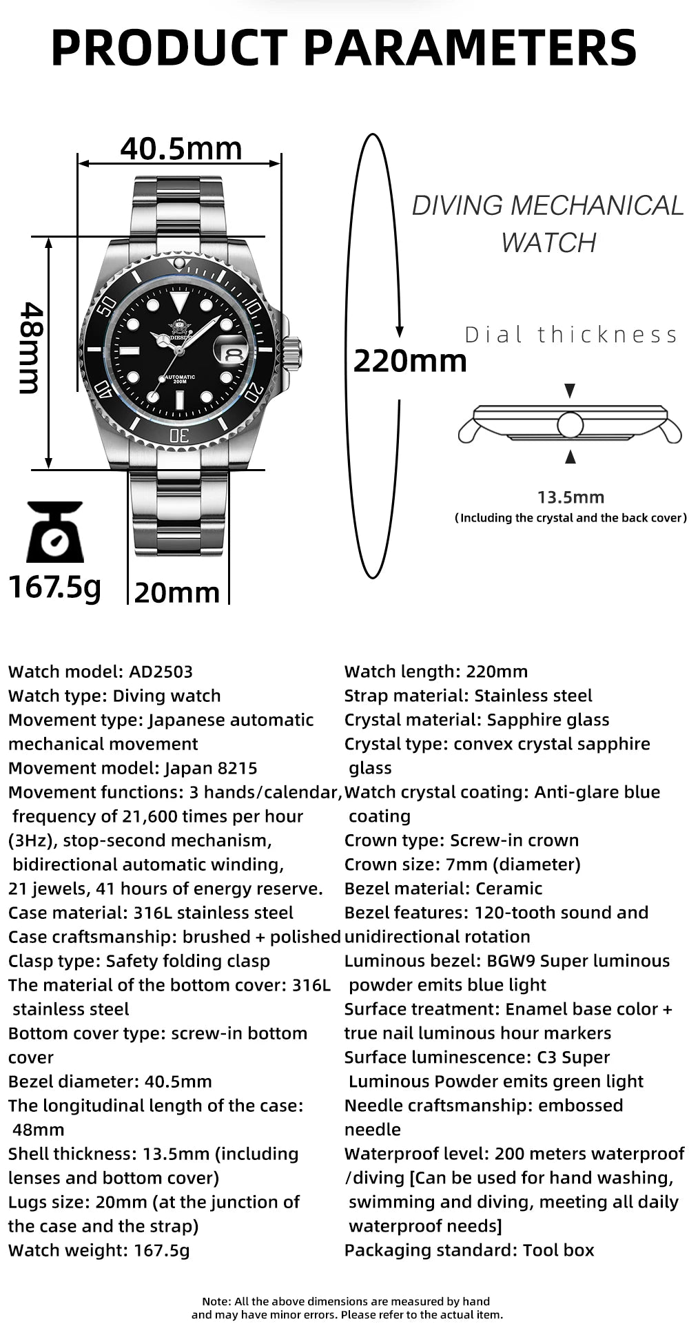 Herren Automatik-Taucheruhr 200m Leuchtzeiger Keramiklünette mechanisch Edelstahl
