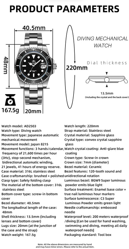 Herren Automatik-Taucheruhr 200m Leuchtzeiger Keramiklünette mechanisch Edelstahl