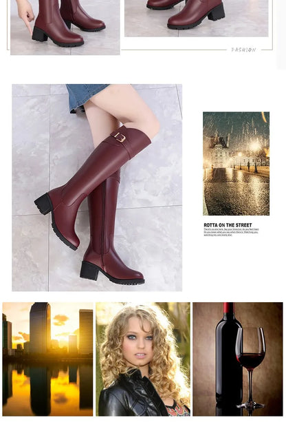 Damenstiefel mit hohem Schaft, Blockabsatz, runder Zehenpartie, dunkelrot, mit Gurt