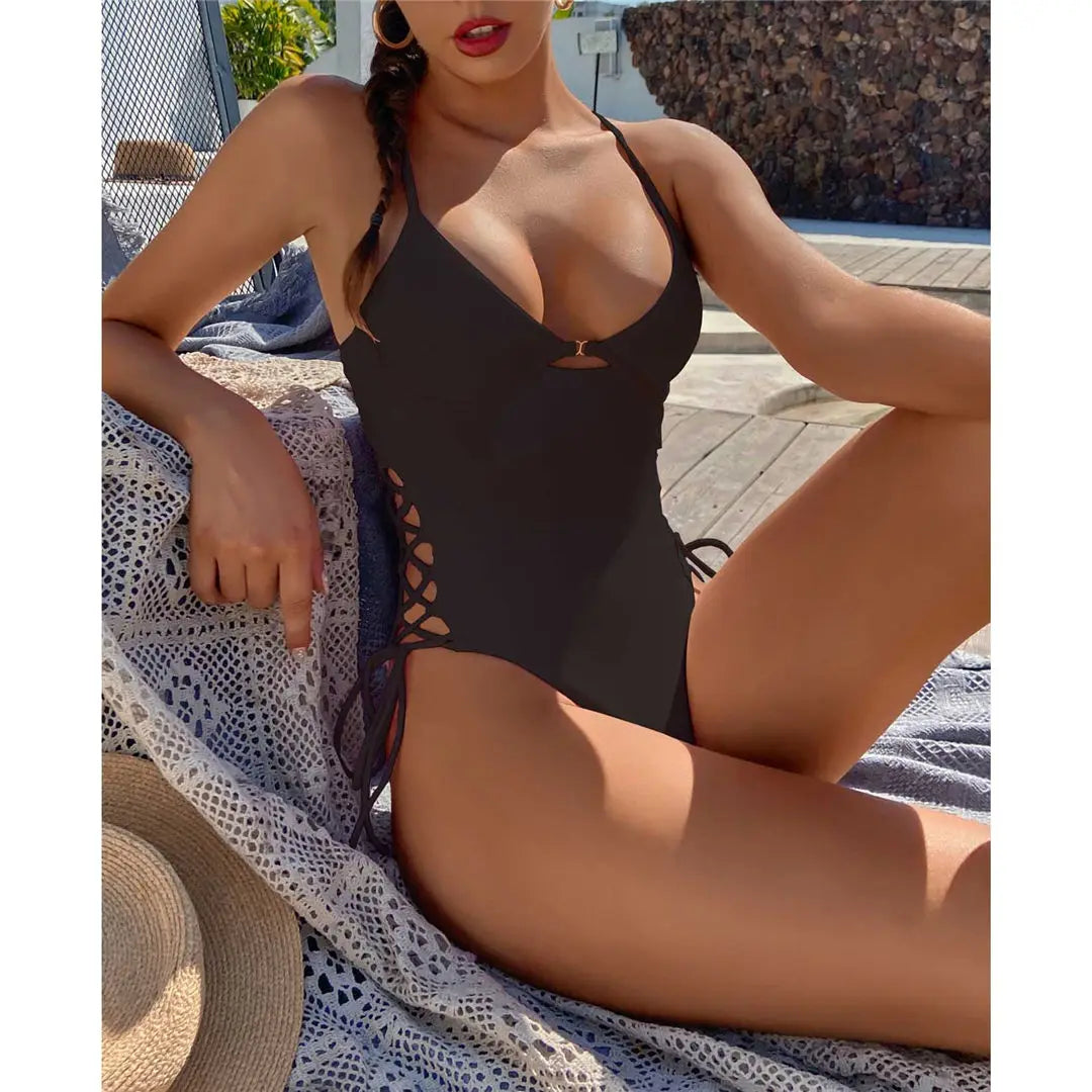 Damen Badeanzug Schnürung Bügel rückenfrei Monokini hoher Beinausschnitt B