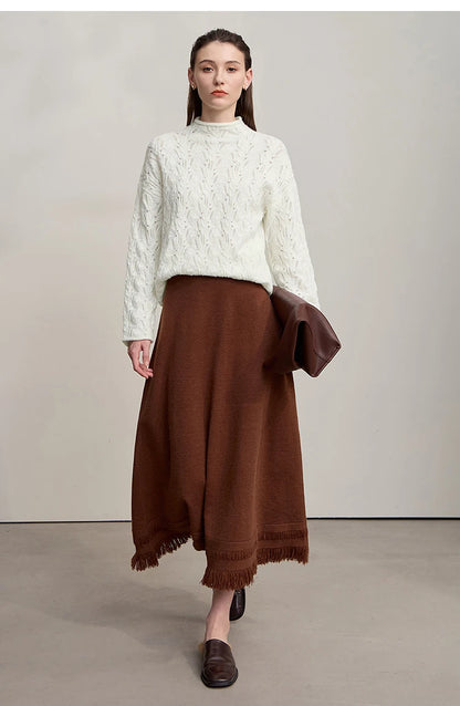 Damen-Strickpullover mit Stehkragen, langarm, hell cremefarben, Vorderansicht