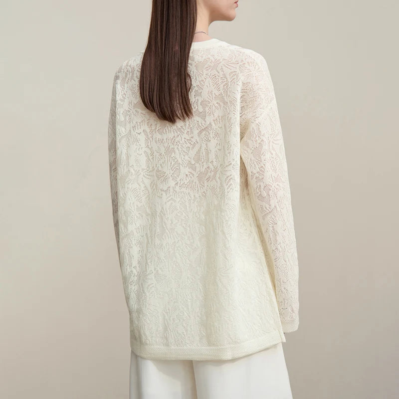 Damen-Rundhalspullover Jacquard Raglan locker lang Lyocell Frühling