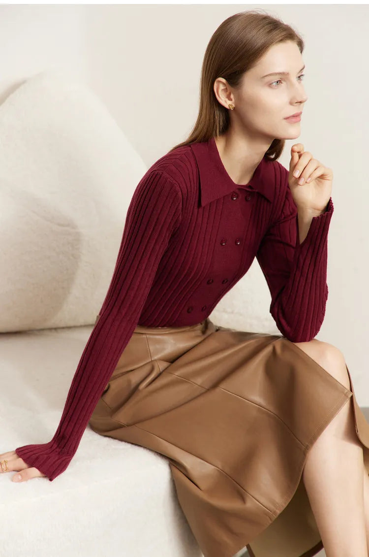 Damen-Strickjacke Polokragen Slim doppelreihig Wolle-Mix Frühling-Herbst