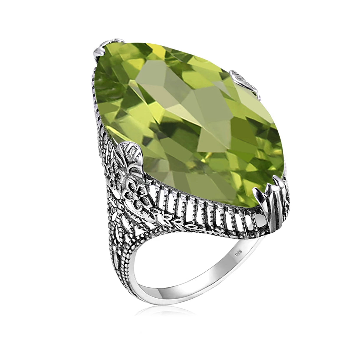 Damen-Ring aus Silber 925 mit Olivgrünem Peridotstein in Filigraner Silberfassung Luxus Schmuckstück