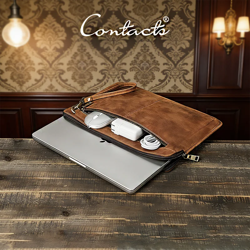 Braune Retro-Laptoptasche aus Echtleder mit Reißverschluss und Handgriff