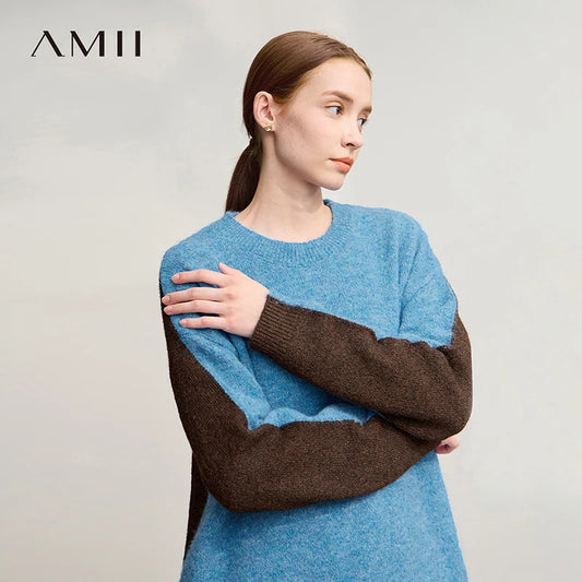 AMII Damenpullover Patchwork blau-braun, Rundhalsausschnitt, lange Ärmel