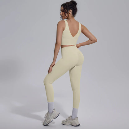 Damen-Yoga-Set, hellbeige: Top mit V-Rücken und enganliegende Leggings mit Knie-Bund