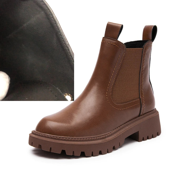 Damen-Chelsea-Boot aus braunem Leder mit breiter Profilsohle und seitlichem Elastikeinsatz