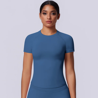 Nahtloses Funktionsshirt für Damen in Blau, Kurzarm, glatter Sitz