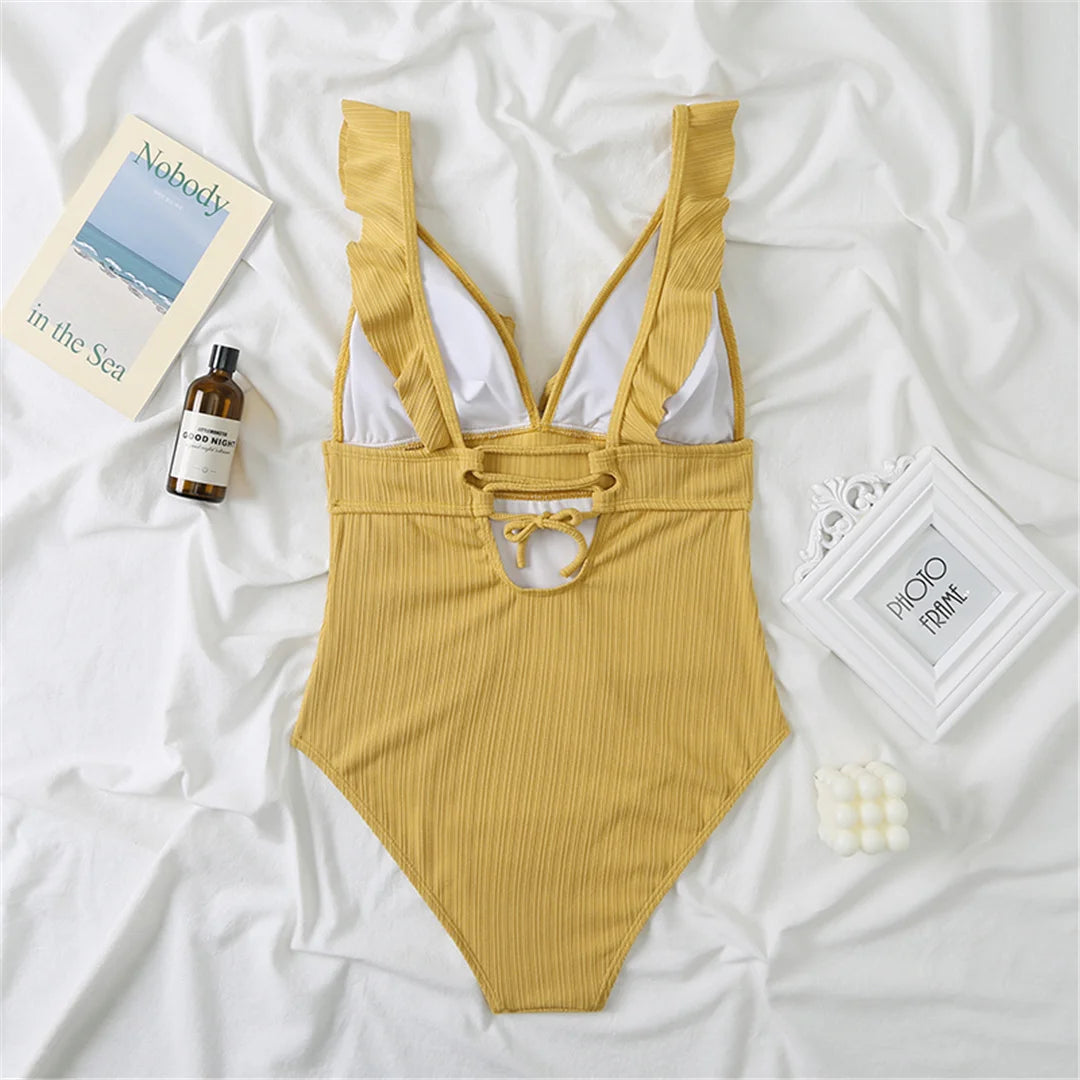 Damen Badeanzug Rüschen V-Ausschnitt rückenfrei Schnürung Monokini 6 Farben