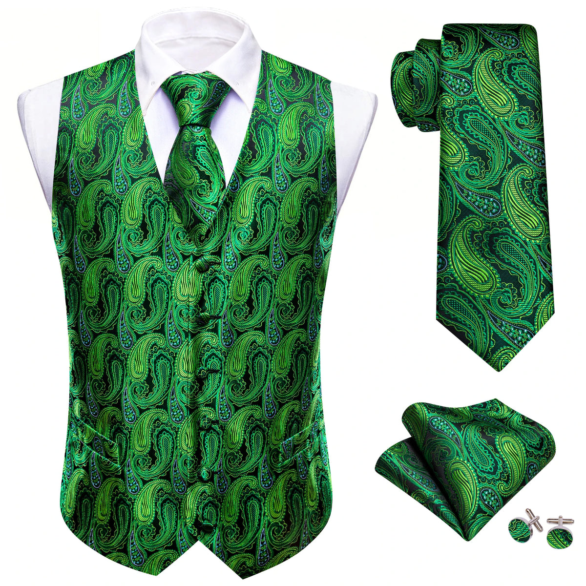 Elegante Herrenweste mit Jacquard-Blumen, dazu Krawatte im Grün-Muster
