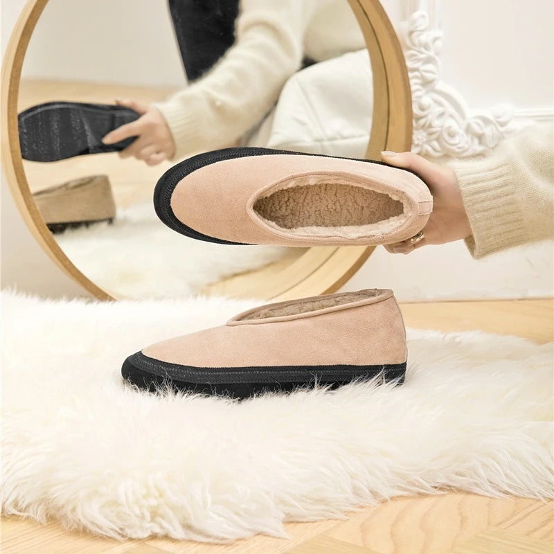 Damen Schneestiefel, flache Slip-on Boots, beiges Veloursleder mit warmem Innenfutter