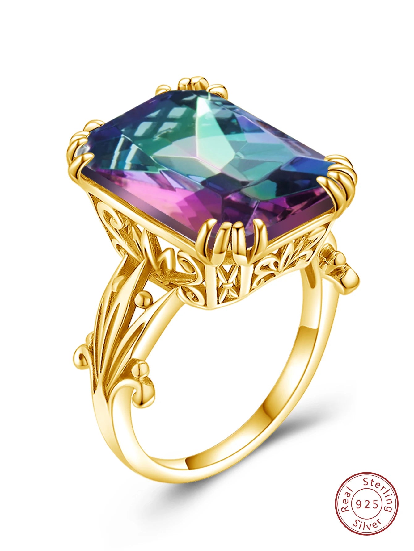 Damen-Ring aus Sterlingsilber 925 mit Regenbogen-Topas und Zirkonia, Vintage-Design, Brillantschimmer