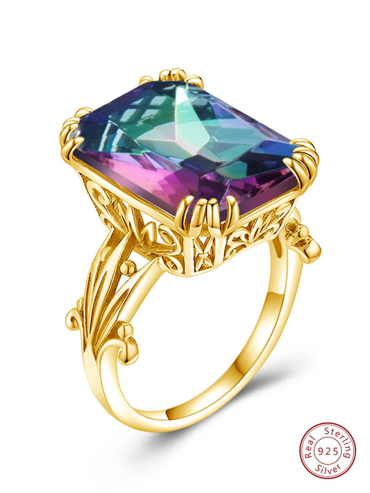 Damen-Ring aus Sterlingsilber 925 mit Regenbogen-Topas und Zirkonia, Vintage-Design, Brillantschimmer