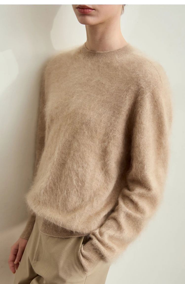 Damenpullover mit O-Ausschnitt und überschnittener Strickstruktur, beige, lange Ärmel