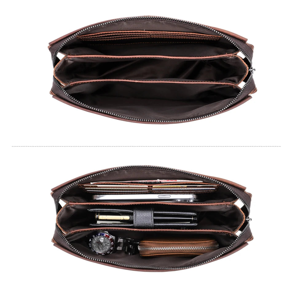 Innenansicht der Herren-Leder-Clutch: Kartenfächer und Reißverschlussfach in Braun.