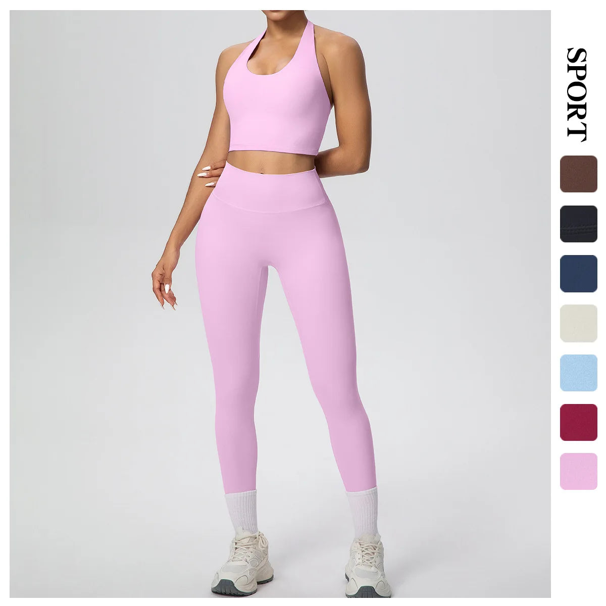 Lila Yoga-Set mit kurzem Trägertop und hochbundiger Leggings, blickdicht