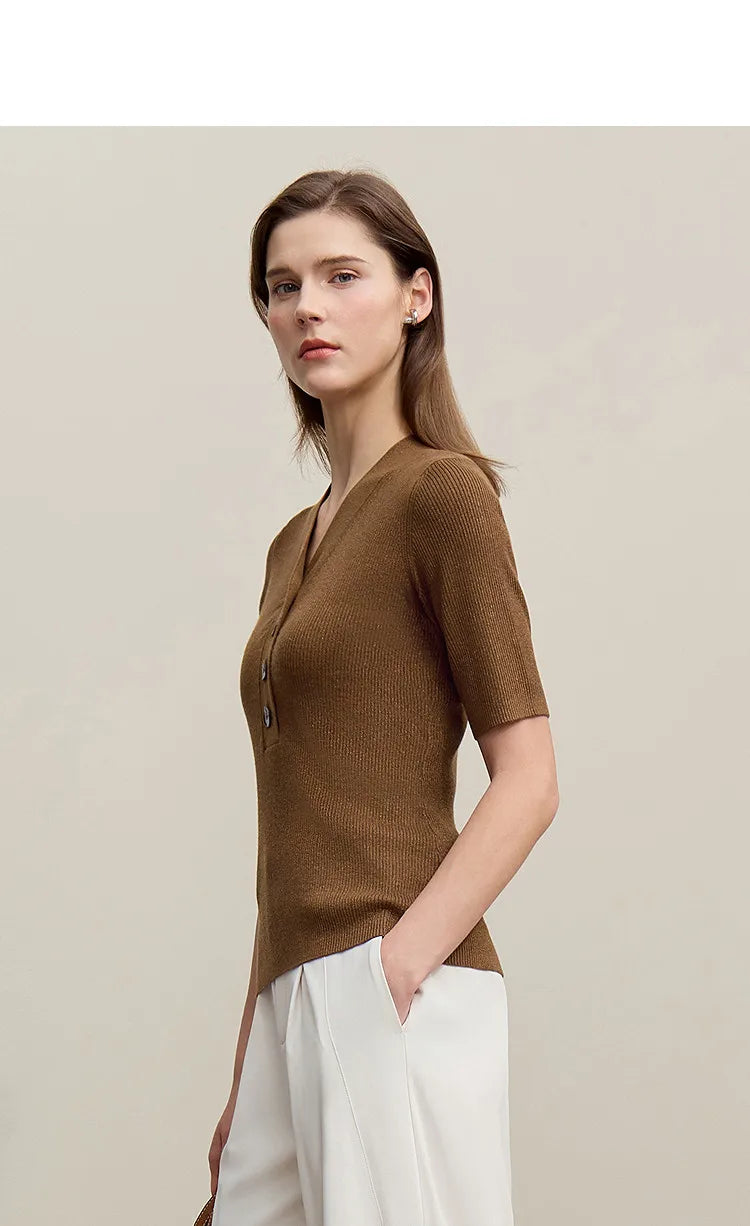 Damen V-Ausschnitt Pullover Wolle-Mix Halbarm Slim Frühling-Herbst