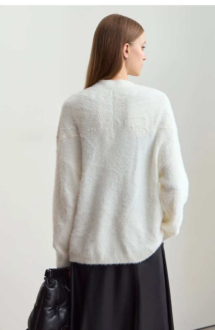 Damen-Strickjacke V-Ausschnitt Nerz-Imitat locker dick Winter