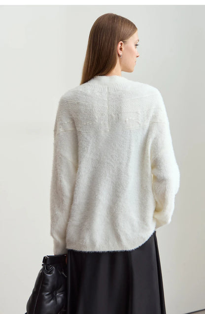 Damen-Strickjacke V-Ausschnitt Nerz-Imitat locker dick Winter