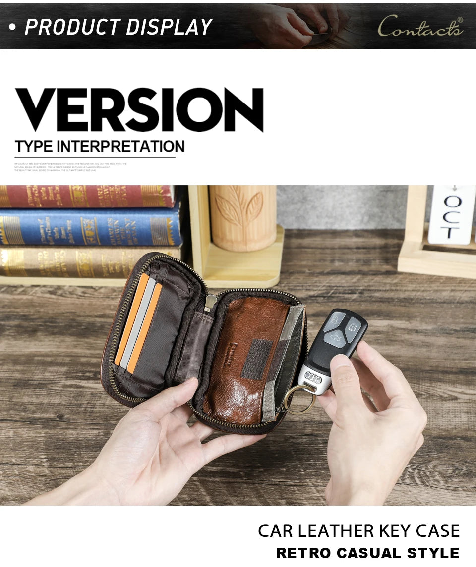 Echtleder-Autoschlüssel-Etui geöffnet: Kartenfächer, Innenfach und Schlüsselanhänger-Halter
