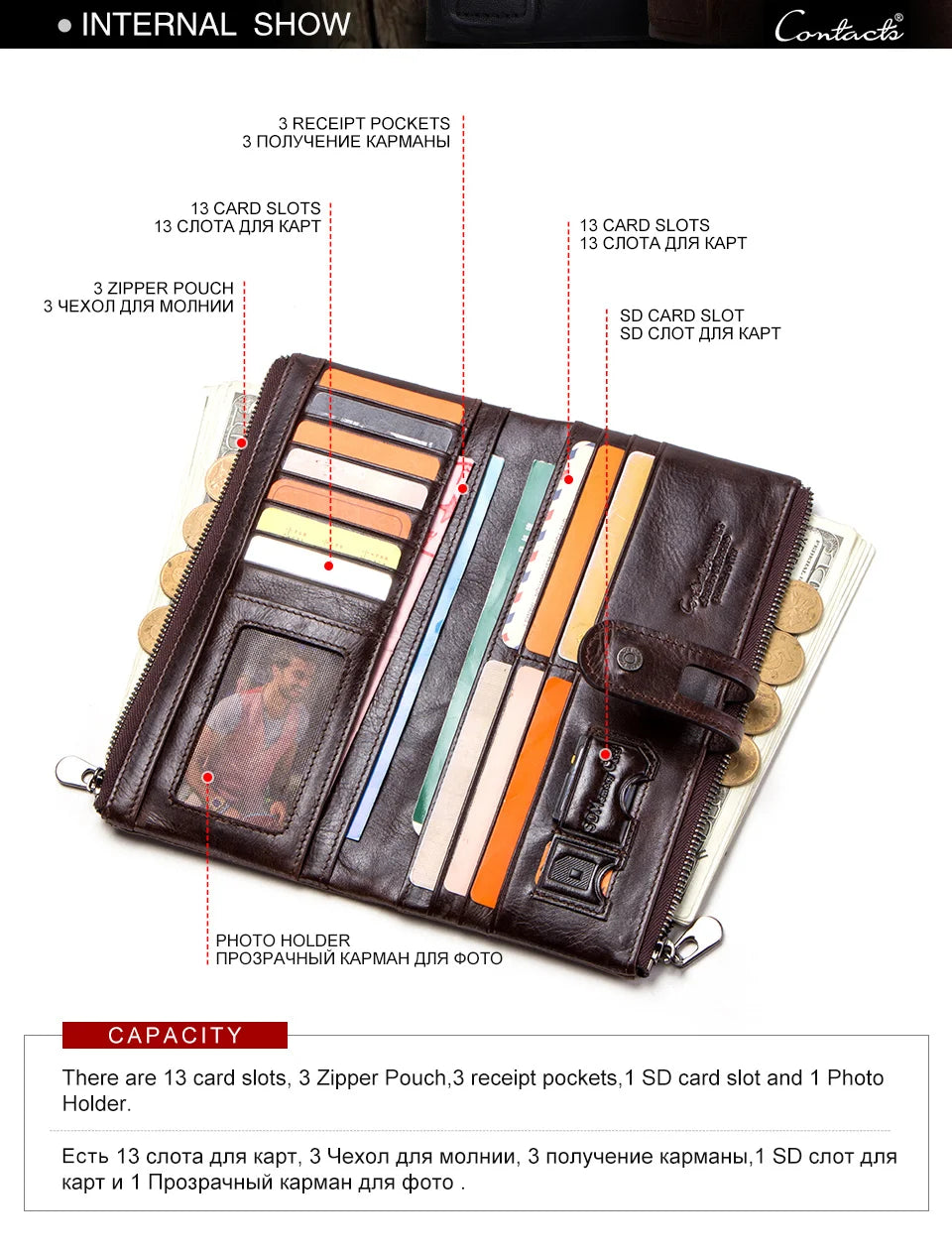 Herren Echtleder Lange Geldbörse Vintage 13 Fächer Kartenhalter Fotohalter Reise