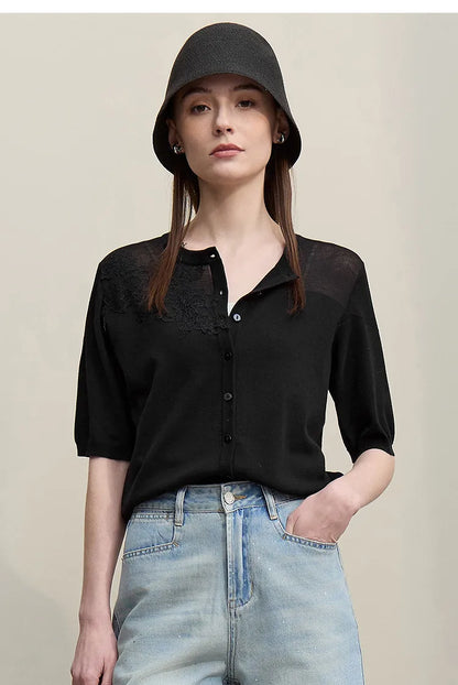 Damen-Strickjacke Viskose Spitzen-Patchwork Kurzarm offen Büro Sommer
