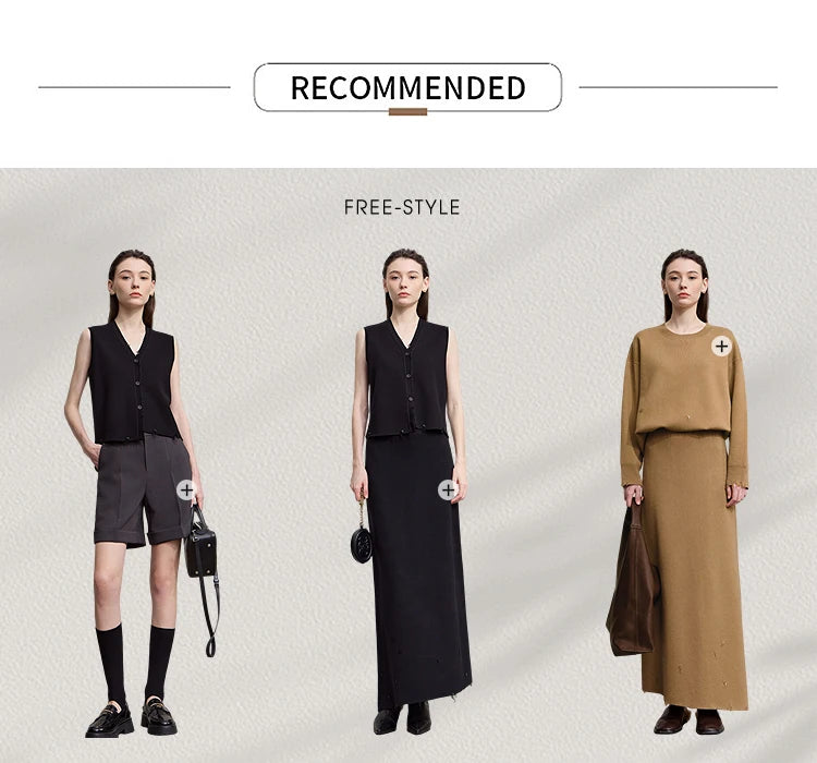 Drei Outfit-Ansichten: schwarze und braune Strickweste mit Midirock, Set-Style