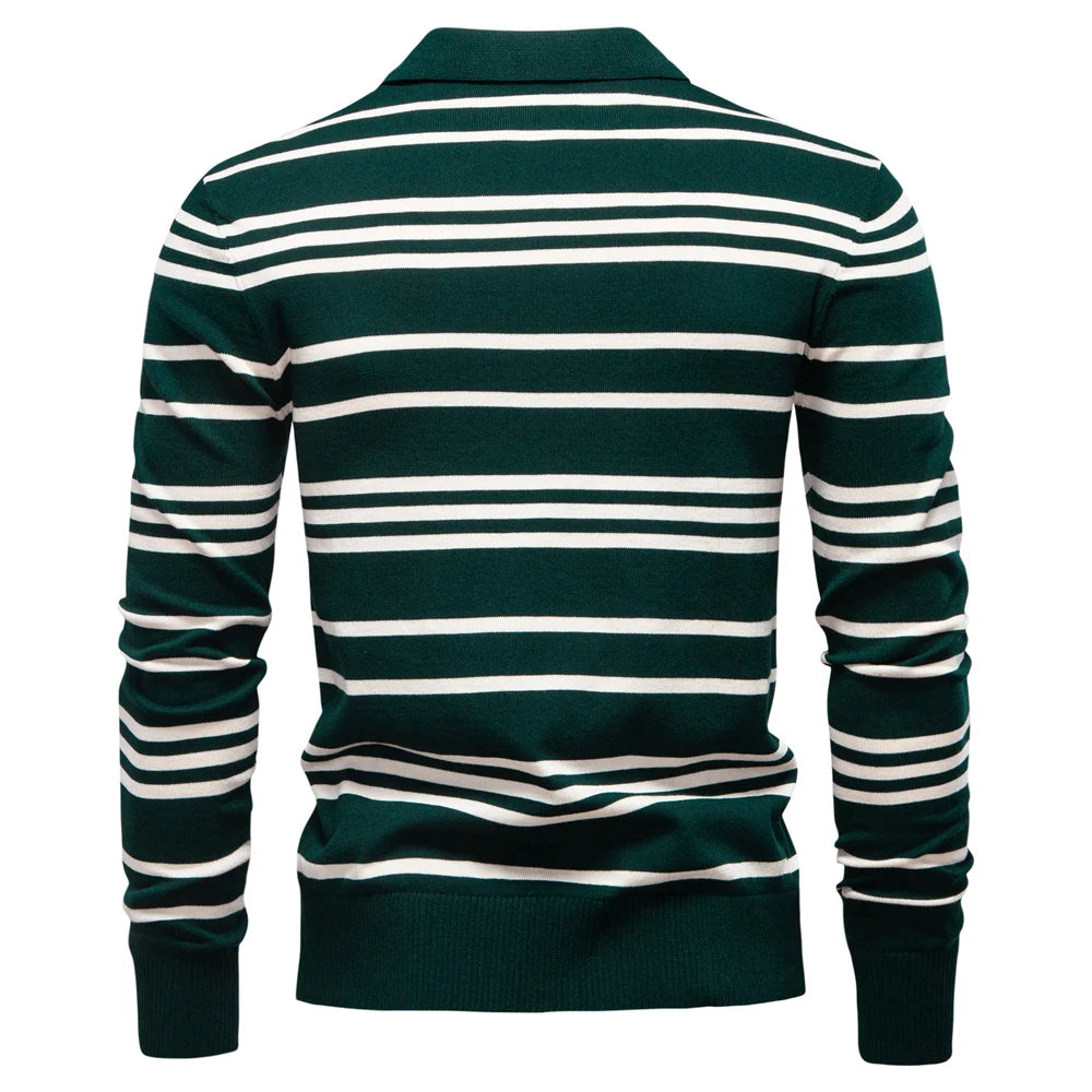Langarm-Poloshirt für Herren, dunkelgrün mit weißen Streifen, Rückansicht
