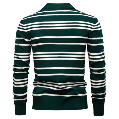 Langarm-Poloshirt für Herren, dunkelgrün mit weißen Streifen, Rückansicht